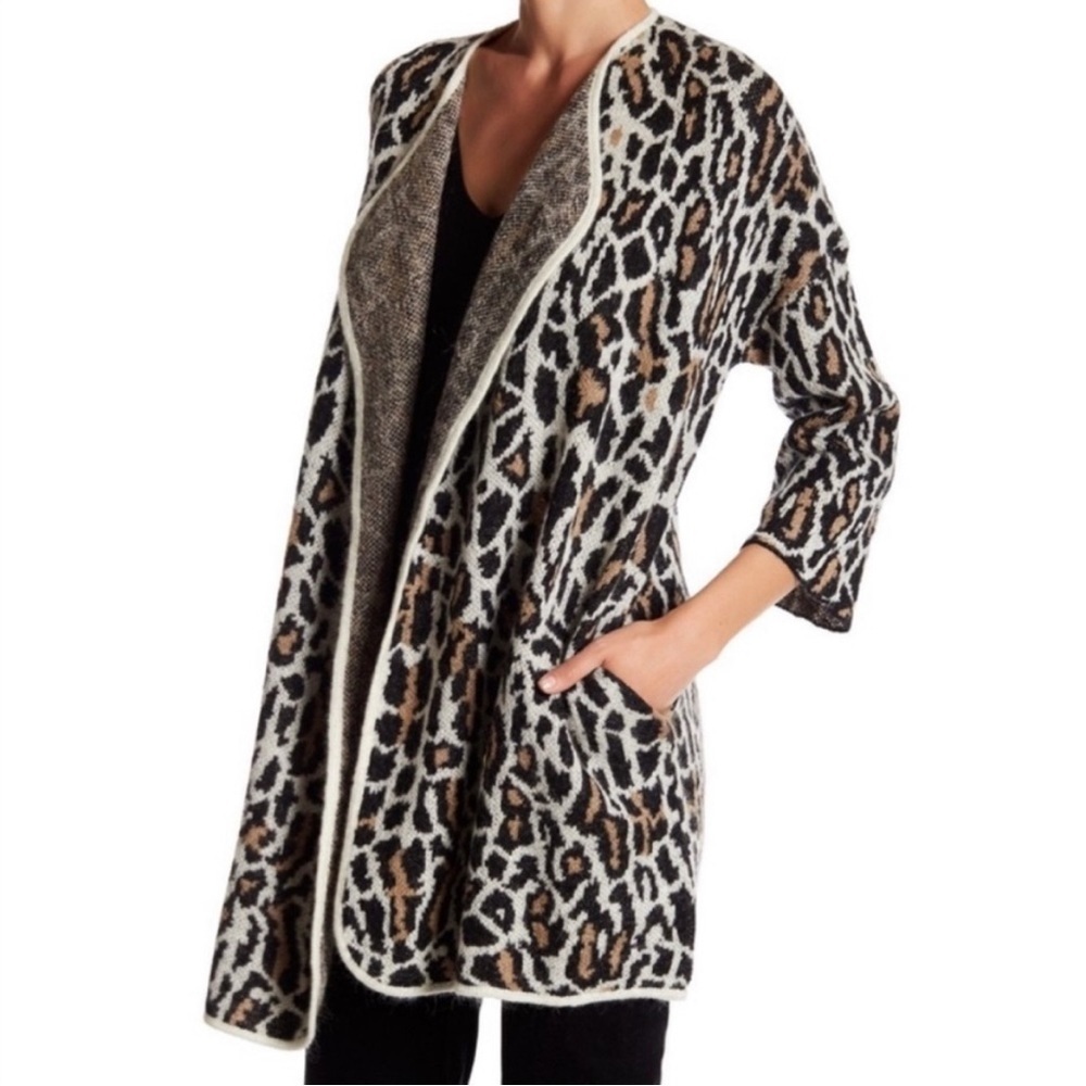 Joie Berit Mohair Blend Leopard Pattern Open Cardigan Sweater Coat